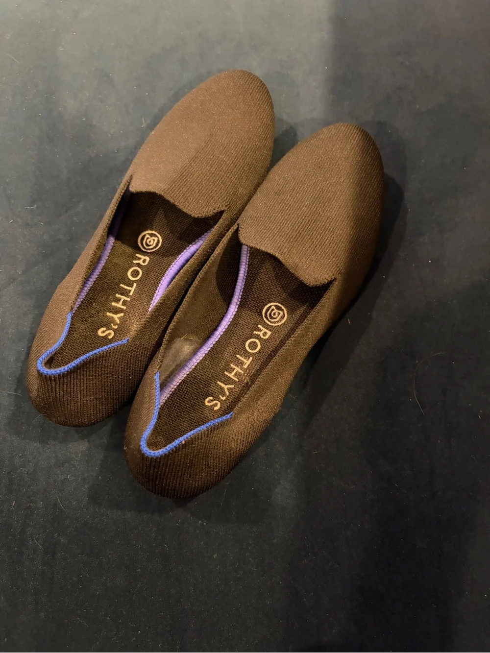 Rothy's Black Knit Slip-On Loafers with Blue Accent